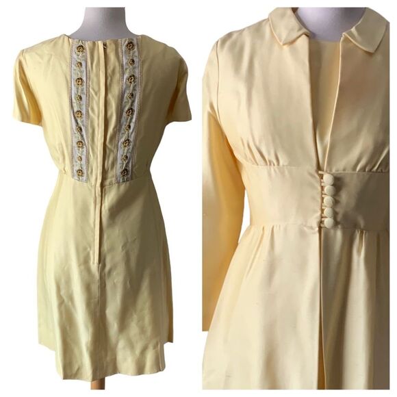 Vintage 1960s Emma Domb California Pastel Butter Yellow Dress & Jacket Size 8 - Picture 2 of 9